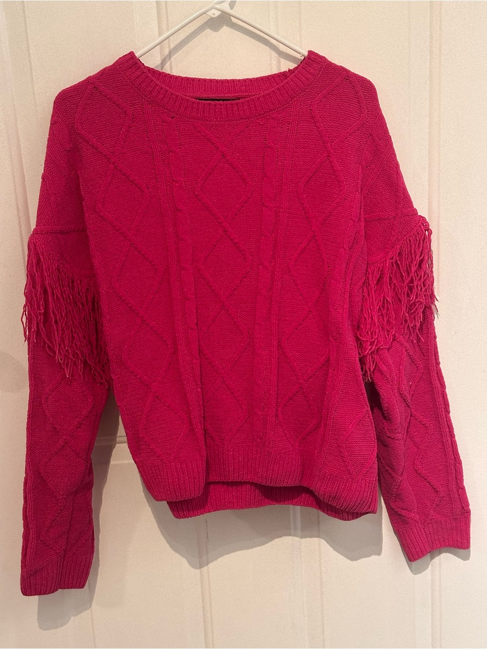 Women's Hot Pink Fringe Cable Knit Sweater